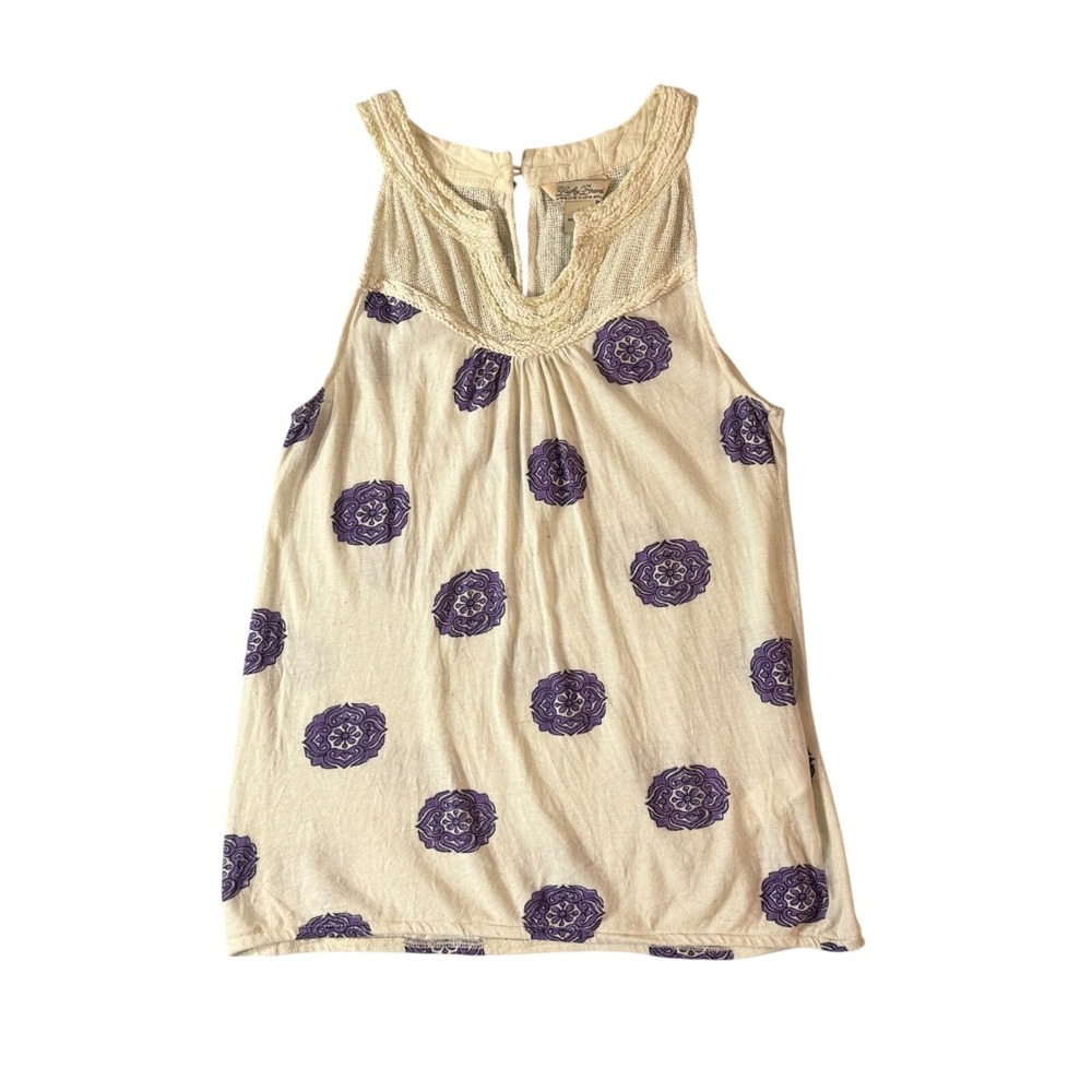 Lucky Brand Womens L Boho Tank Top Purple Medallion Crochet Knit Sleeveless